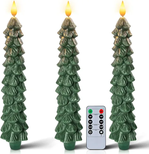 Vista 13 de Homemory Velas cónicas cerosas sin llama de 11 pulgadas con temporizador remoto, 3 velas cónicas que funcionan con pilas con llama parpadeante