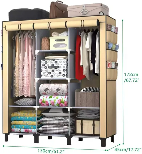 Vista 5 de Armario portátil con 10 estantes de almacenamiento y 2 postes para colgar, 18 bolsillos laterales no tejidos, tamaño 51.2 x 17.7 x 67.7 in, Beige