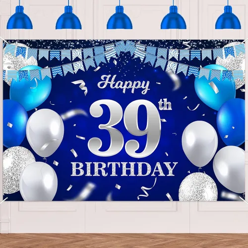 Vista 84 de Bandera de feliz primer cumpleaños con fondo azul marino, globos, confeti, bandera de rayas, luces de puntos, felicitaciones por el tema de 1 año