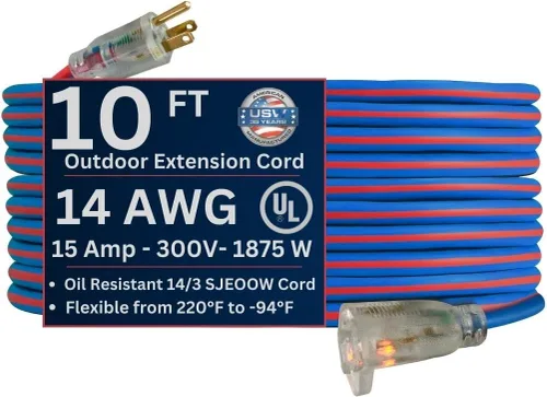 Vista 10 de US Wire 99025 12/3 25 pies SJEOW TPE Cable de extensión para clima frío azul con enchufe iluminado