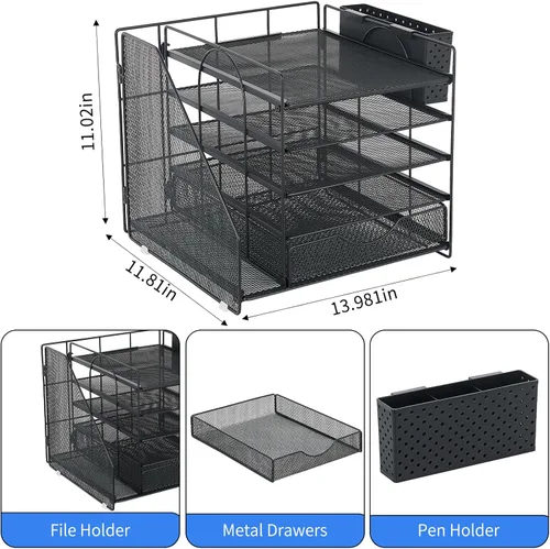 Vista 5 de Organizador de escritorio con cajón y soporte para bolígrafos, organizador de bandeja para cartas de papel de 5 niveles con soporte para archivos
