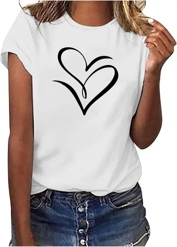 Vista 2 de Comigeewa Camisetas para mujer con cuello barco, camiseta de rayón de manga corta, estampada, para San Valentín, lisas, para verano, primavera 2024