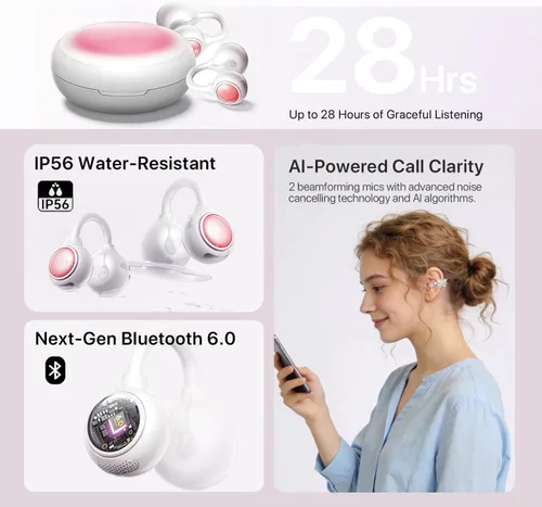 Vista 6 de Auriculares inalámbricos con clip de oreja abierta Bluetooth 6.0, estuche compacto de polvo con pantalla LED y espejo, clips de oreja de mariposa