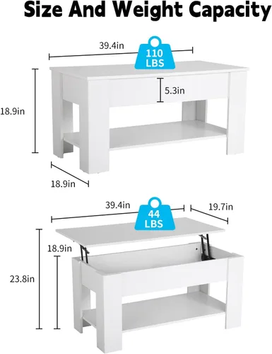 Vista 2 de Mesa de centro elevable con compartimento oculto y almacenamiento, mesas de centro elevables de madera moderna para sala de estar y sala