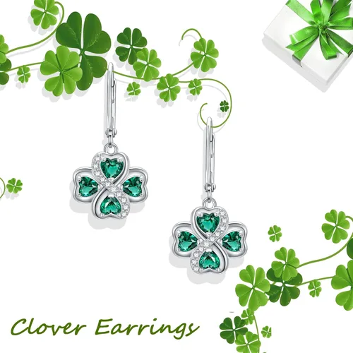 Vista 6 de NIFUNAO Aretes de trébol para mujer, plata de ley 925, aretes de trébol con cierre de palanca, aretes del día de San Patricio, joyería irlandesa