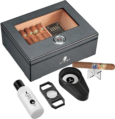 Vista 8 de XIFEI Humidor de puros, textura de fibra de carbono superior de vidrio con higrómetro digital, incluyendo humidificador de puros, divisor, caja
