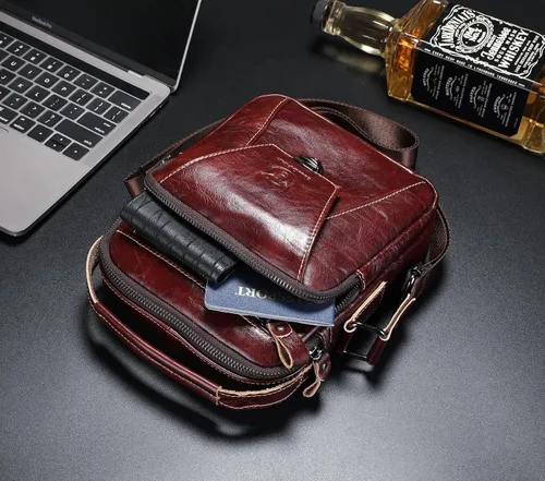 Vista 6 de Bolso bandolera de cuero para hombre, estilo vintage, bolso de hombro, bolso cruzado, bolso de viaje, mochila casual, Café