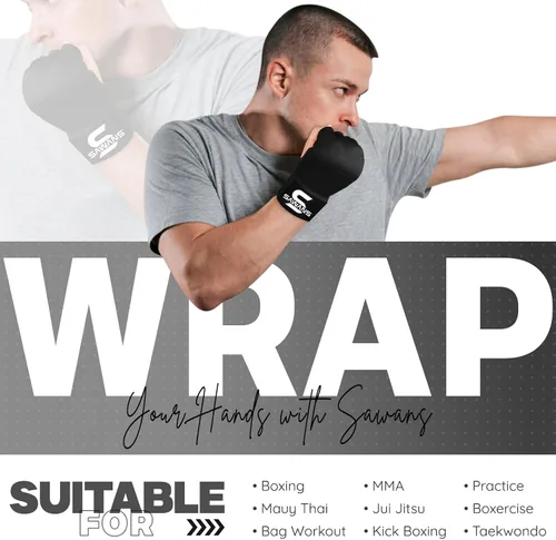 Vista 5 de SAWANS Guantes interiores de boxeo para protección de manos, correas largas elásticas, acolchadas para artes marciales, guantes de combate