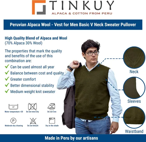 Vista 4 de TINKUY Peru Chaleco de lana de alpaca con cuello en V para hombre, S-4XL