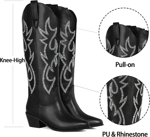 Vista 5 de Ouepiano Botas vaqueras para mujer, botas de vaquera con diamantes de imitación brillantes, punta de almendra, tacón bajo, meter, Westerm, a