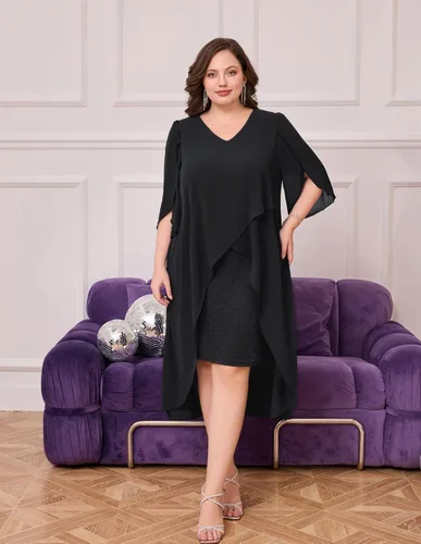 Vista 8 de Hanna Nikole Vestido de cóctel de gasa para mujer, talla grande, con volantes, manga 34, vestidos de fiesta de invitados de boda con dobladillo alto