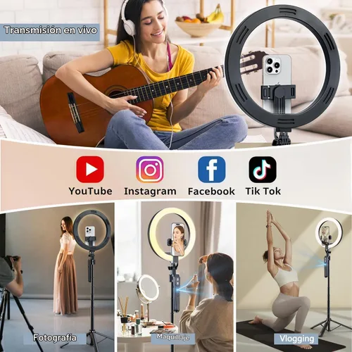 Vista 2 de Trípode de seguimiento automático de cara de 70.9 pulgadas con rotación de 360 grados y anillo de luz de 10 pulgadas, trípode para teléfono y selfie