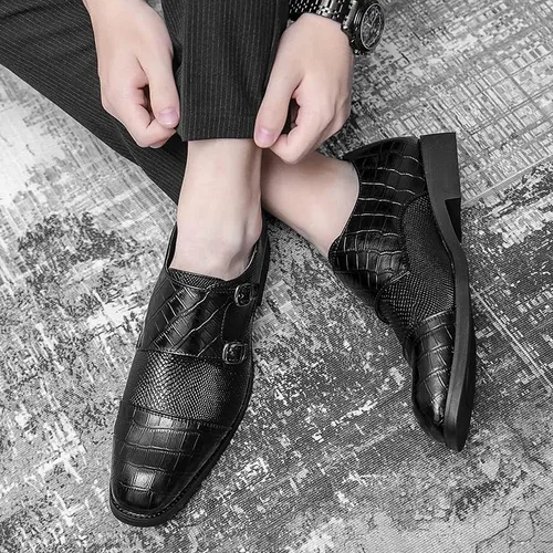 Vista 4 de HuitJours Men Black Blue Snakeskin Slips on Dress Shoes Double Monk Straps Classic Loafers Zapatos de Vestir para Hombre