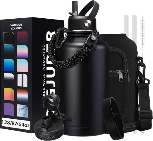 Vista 25 de Botella de agua aislada de 1 galón, con popote y tapa de pico automático, mango de paracord, funda para botella, botella de agua de acero inoxidable
