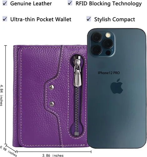 Vista 4 de AINIMOER Cartera pequeña de piel para mujer, delgada, compacta, con bloqueo RFID, con bolsillo para monedas, Lichee - Bloqueo Rfid morado.