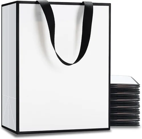 Vista 12 de Bolsas de regalo blancas con marco dorado, 20 unidades, 8 x 4.25 x 10.5 pulgadas, medianas y blancas y doradas, elegantes bolsas de regalo de lujo