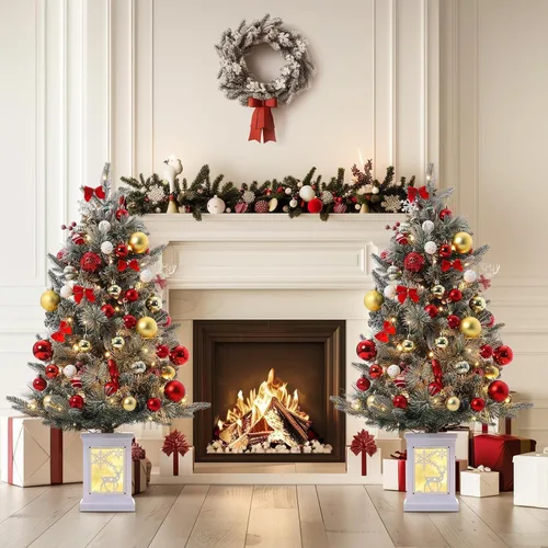 Vista 9 de Árbol de Navidad de 3 pies con base de reno, árbol de Navidad artificial esmerilado con 78 luces LED, caja de batería de 8 modos, decoraciones
