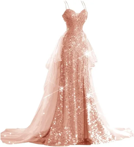Vista 7 de CWOAPO Vestidos de fiesta de lentejuelas con tirantes delgados para mujer, vestido de baile largo con abertura, vestido formal de sirena con cola