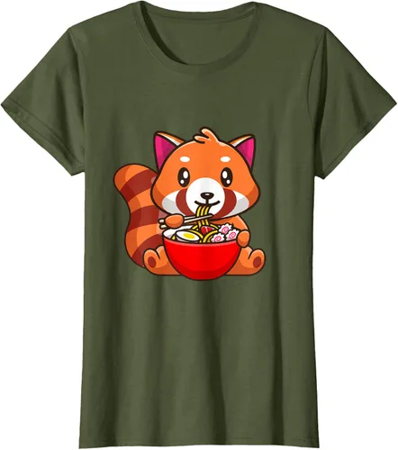 Vista 44 de Camiseta Kawaii Anime Red Panda Eating Ramen Noodles, Negro, S