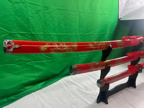 Vista 7 de Kinstore Juego de espada samurái japonesa tradicional hecha a mano de 3 piezas con soporte de exhibición. Katana, Wakizashi, espadas Tanto. Dragón