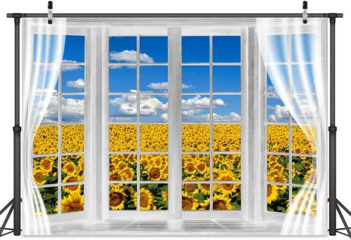 Vista 3 de Telón de fondo de campo de girasol, ventana, paisaje, granja, primavera, flores amarillas, cielo azul, fondo de poliéster de 5 x 3 pies para fotos