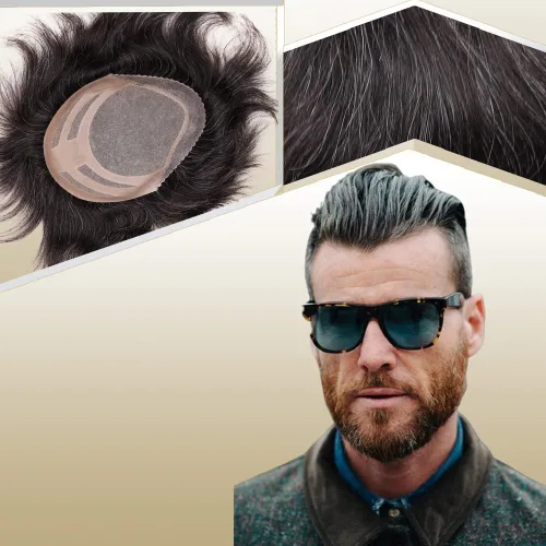 Vista 12 de Sistema de reemplazo de cabello humano para hombre, tupé para hombre, piel fina con parte superior de encaje mono y la parte trasera de poliuretano