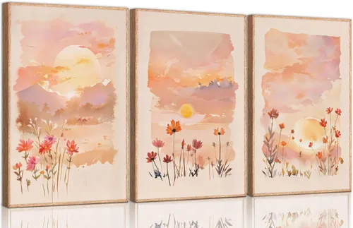 Vista 8 de 3 piezas de lienzo de amanecer para pared, flores silvestres rosas rubor, flores silvestres florales y naranjas, acuarela, pinturas de paisaje