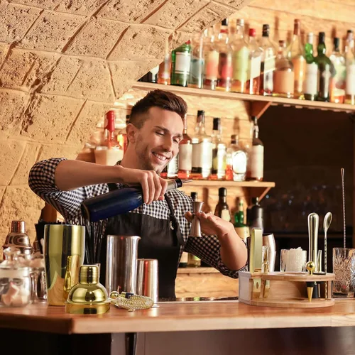 Vista 7 de Kit de Barman con elegante soporte de bambú, juego de coctelera de 12 piezas de 25 onzas para bebidas mixtas, juego de herramientas profesionales