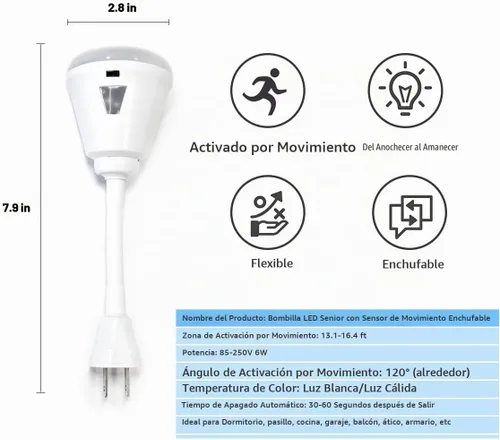 Vista 6 de Luz nocturna enchufable con sensor de movimiento, luz LED con sensor infrarrojo de 6W, luz AC 85-265V PIR sensor infrarrojo detector de movimiento