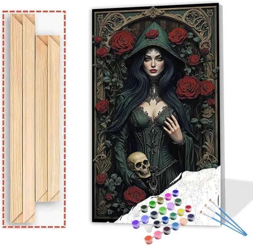 Vista 12 de Tucocoo Pintura de bruja por números para adultos y niños, rosas rojas, pintura en lienzo por números, pintura acrílica, manualidades, decoración