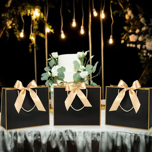 Vista 7 de Silkfly 12 bolsas de regalo con asas para dama de honor, 12 x 10 x 4 pulgadas, elegantes bolsas de regalo de bienvenida de boda con lazo para Negro
