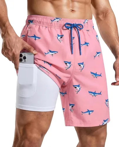 Vista 10 de Bañador para hombre con forro de compresión de 7 pulgadas B-rayas azul-blancas