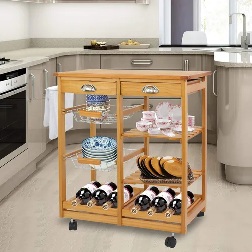 Vista 4 de Carrito de cocina con ruedas de 4 niveles, carrito de almacenamiento de cocina de madera, carrito de microondas con toallero, cajones, estantes