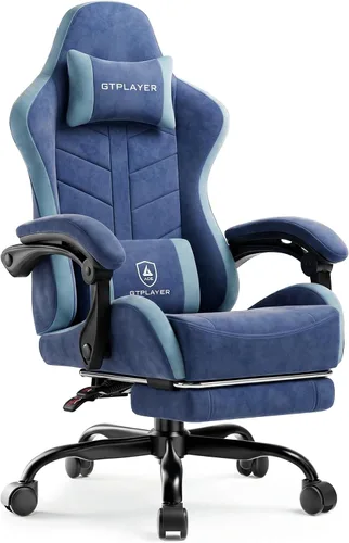 Vista 14 de GTPLAYER Silla de juegos para adultos, silla ergonómica para juegos de computadora con reposapiés, altura ajustable, reclinación de 90-155° y Azul
