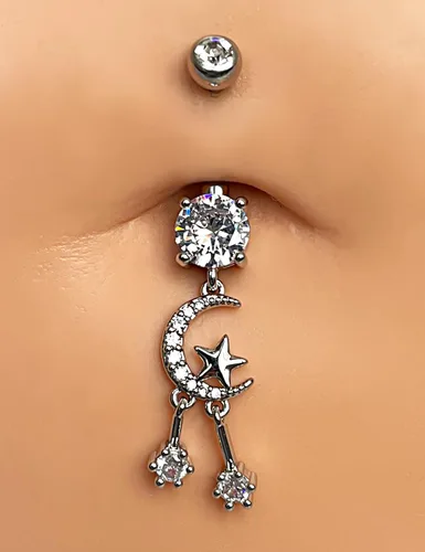 Vista 3 de PENLYU Piercing de titanio G23 para ombligo de acero quirúrgico 316L, circonita cúbica, para ombligo, calibre 14, 0.394 pulgadas, con rosca
