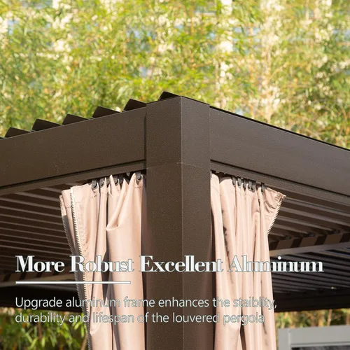 Vista 7 de Domi - Pérgola de aluminio para exteriores de 10 x 10 pulgadas con cortinas y malla Marrón oscuro