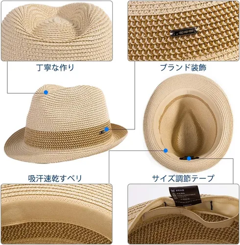 Vista 4 de Fancet Sombrero de Paja Pajarita Fedora Panamá Sol Verano Playa Sombrero Cubano Trilby Hombres Mujeres 21.7-24.0in