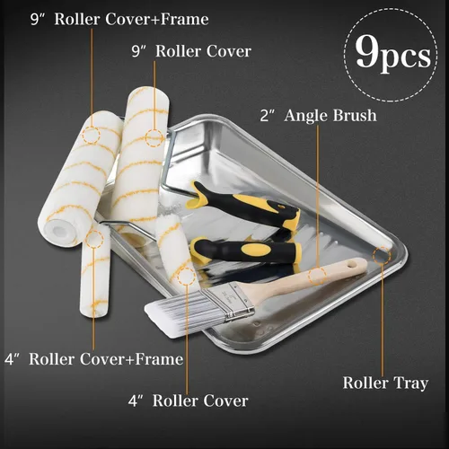 Vista 2 de ETERNA Kit de rodillos de pintura, 9 piezas de suministros de pintura para pintura de casa, con bandeja de pintura de metal y rodillos de pintura