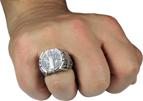 Vista 5 de St Benedict christian catholic ancient Sterling Silver 925 medal mens ring, Exorcism