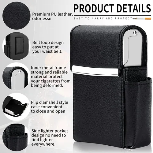 Vista 3 de Caja de cigarrillos deslizante de piel sintética con soporte para encendedor y trabilla para cinturón para hombres y mujeres, unisex