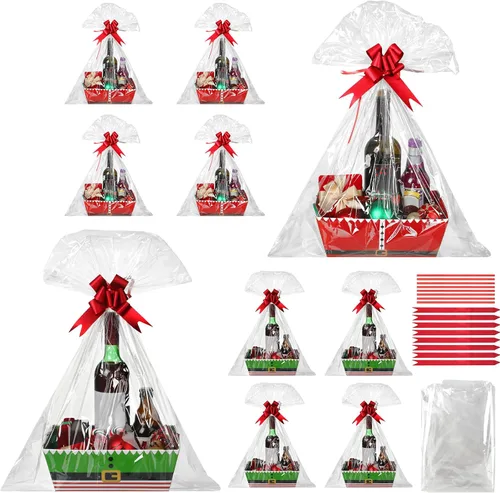Vista 7 de Cholemy Kit de 24 cestas – Bandejas, bolsas y lazos de papel kraft vacíos – Cinturón de elfo y cestas de cartón de caramelo con asas