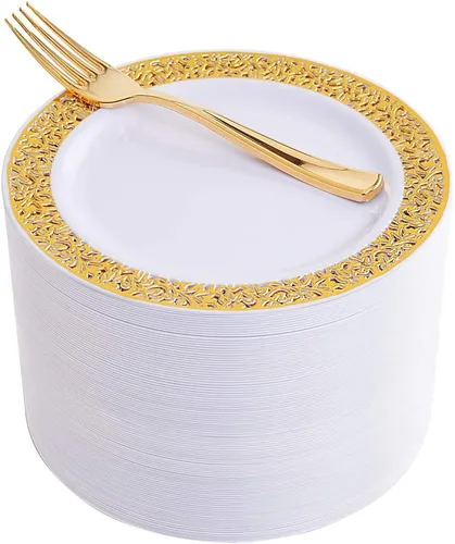 Vista 17 de Platos de postre de plástico plateado con tenedores de plástico, 100 platos cuadrados desechables para aperitivos, platos pequeños con borde Blanco