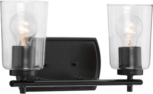 Vista 19 de Progress Lighting Adley Collection - Lámpara de tocador de baño tradicional con 3 luces, de cristal transparente, color negro mate, 7-5/8 x 23 Mate