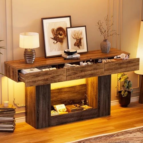 Vista 10 de PAKASEPT - Mesa de consola de 63 pulgadas con luces LED coloridas y 3 cajones, mesa de sofá rectangular de madera detrás del sofá, mesa de entrada