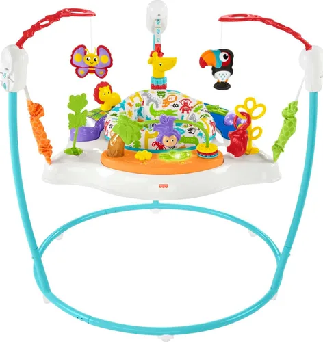 Vista 2 de Fisher-Price Baby Bouncer - Jumperoo de actividades de animales con luces musicales, sonidos y juguetes para recién nacidos, maracas Rattle 'n Rock