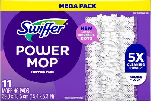 Vista 11 de Swiffer PowerMop - Recambios de almohadilla de trapeador multisuperficie para limpieza de pisos, 11 unidades, color blanco/morado