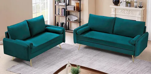 Vista 2 de Container Furniture Direct Juego de sofá de terciopelo inspirado en Chesterfield de 2 piezas con patas oblicuas de metal dorado, azul verdoso
