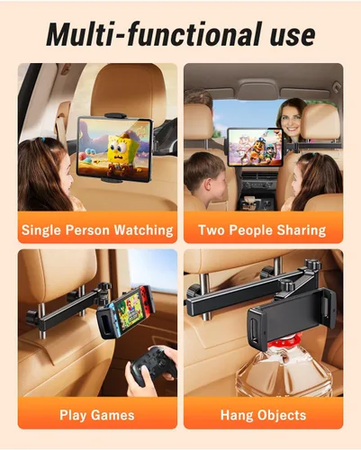 Vista 3 de Soporte para tablet con brazo de extensión para reposacabezas de automóvil, soporte ajustable para iPad para asiento trasero de automóvil, orientado