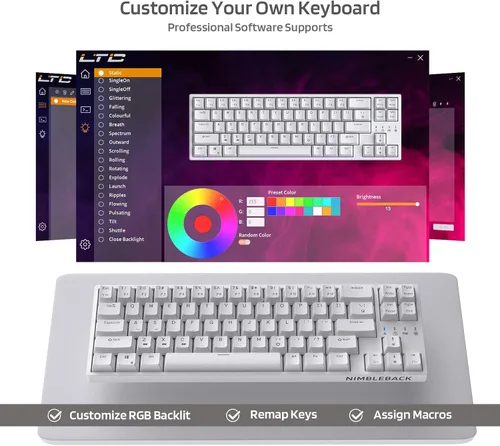 Vista 7 de LTC NB681 Nimbleback - Teclado mecánico con cable al 65%, retroiluminado RGB ultracompacto de 68 teclas para juegos con interruptor intercambiable