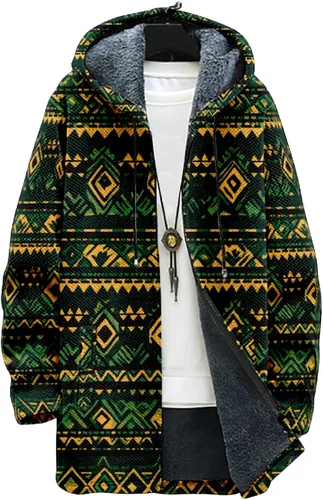 Vista 12 de Chaqueta de forro polar con capucha para hombre, con estampado azteca, de algodón pesado, con cremallera, manga larga, chaqueta con capucha